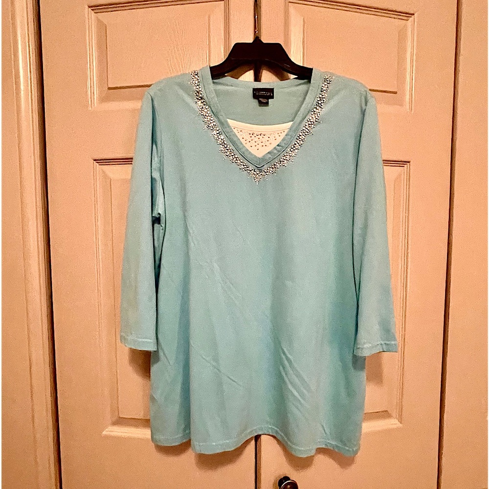 Trillogy by Morning Sun Blue Beaded Neckline 3/4 Sleeve Tee